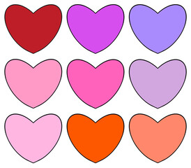 Colorful Hearts Set Valentine Love Blank Heart Outlined Hand Drawn on Isolated Background