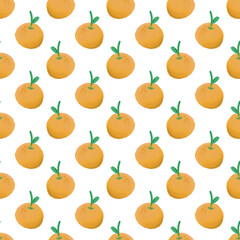 Hand Drawn Orange Fruit Pattern with Green Leaf – Seamless Citrus Illustration on Colorful Background