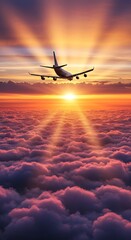 夕焼け雲海を翔ける影