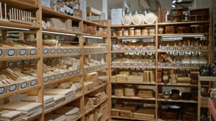 Blurred shelves in a shop displaying wooden kitchen utensils and decor items indoors with warm lighting creating a cozy shopping atmosphere.