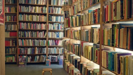 Defocused library scene with shelves full of colorful books creating a bokeh effect in an indoor environment showcasing literature and education.