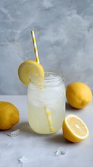 Fototapeta premium Healthy lemon detox in mason jar with straw, minimal style and clean upper area for tips