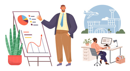Man presenting charts on growth and progress, another working at a desk, airport in background. Ideal for business, workplace, travel, productivity, analysis, presentations and global connectivity