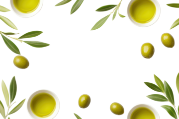 Green olives immersed in smooth olive oil surrounded by olive leaves arranged on a clean white surface for a fresh culinary presentation