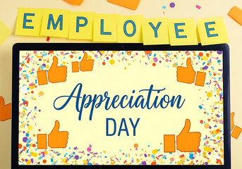 Celebrate employee appreciation day with positive message and confetti on computer screen to show gratitude and recognition for team success