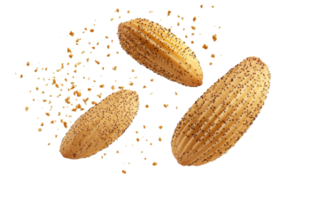 Flying madeleine cookies with crumbs isolated on a white background showcasing their delightful shape and texture in a whimsical manner