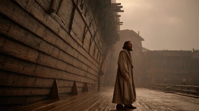 Man in robe stands by ark in storm. Rain hits boat wood. Noah ship made of wood timbers. Flood surrounds deck. Boat shakes in storm. Rain, storm, flood beat on ark. Wood timbers glisten in rainwater