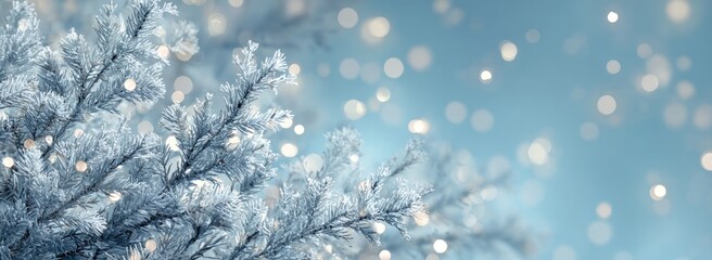 Frosty winter branches against a soft, light blue background, dotted with bokeh lights