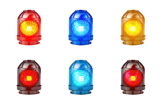 Collection of beacon warning lights with various flashing colors in a standard design showcasing safety features and visibility