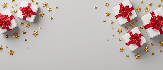 White gift boxes with red bows and gold stars on a light gray background