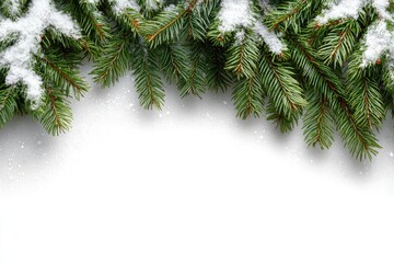 Fresh evergreen sprigs, dusted with snow, against a white backdrop