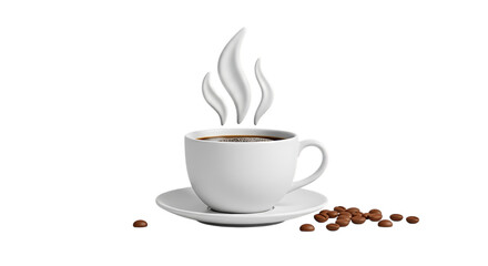 Steaming white coffee cup and saucer with beans isolated on transparent background