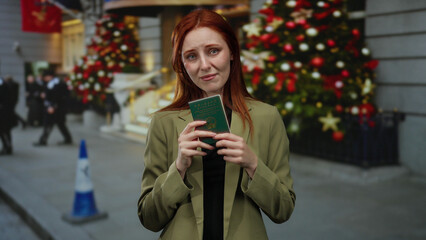 Woman with red hair holding chinese passport on festive city street appearing emotional during holiday season.
