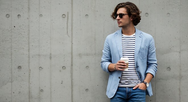 Stylish man in blue blazer with coffee against concrete wall