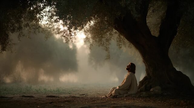 Jesus kneels in prayer beside olive tree. Gethsemane filled with mist. Robe drapes in stillness. Night falls in solitude. Branches above him. Meditation in night. Mist and branches surround olive tree