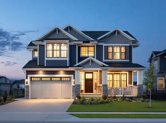 Suburban house at twilight, illuminated windows