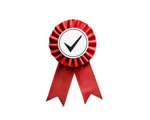 Red Ribbon Award Rosette Badge with Check Mark, Winner Emblem