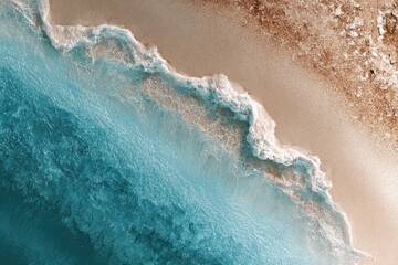 High-angle view of turquoise waves lapping beige sand (1)