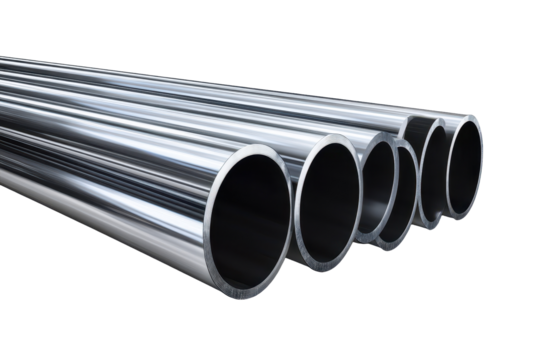 Circular steel hollow section beams arranged in an industrial setting for construction and structural applications