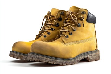 Worn yellow leather work boots
