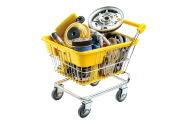 Yellow online shopping cart filled with assorted items including reels, wires, and various components, showcasing the diversity of online shopping selections for tech enthusiasts