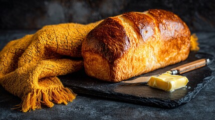 A bread loaf on black slate plate with cream knife and mustard-toned towel, copy space