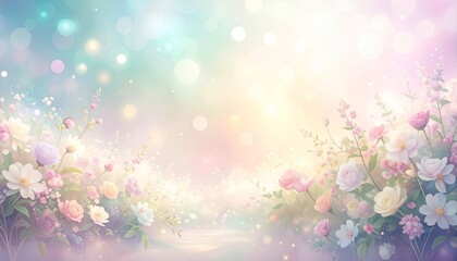 Dreamlike pastel floral path, soft light, blooming flowers, magical garden scene.