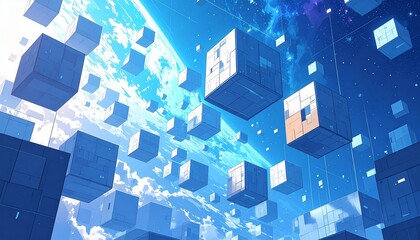 Floating data cubes orbit a vibrant Earth, depicting digital information flow.