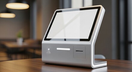 Modern self-service payment terminal with a blank white screen on a wooden table in a cafe.