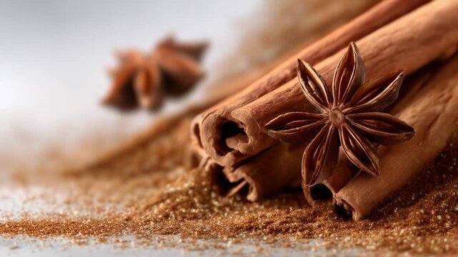 Floating cinnamon sticks and star anise pods against a white background create a warm, aromatic ambiance with swirling cinnamon powder.