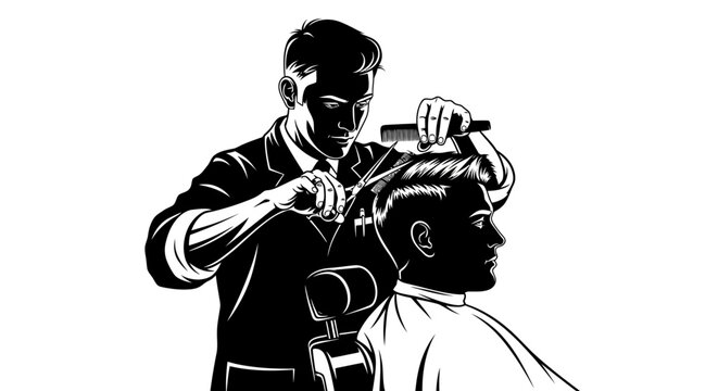 Black and white illustration of a barber cutting a man's hair with scissors and a comb