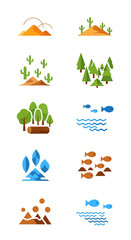 A collection of colorful flat design icons featuring various natural elements such as mountains, trees, plants, water, fish, and ice on a clean white background.