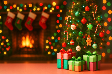 Whimsical Christmas Scene with Glowing Tree and Festive Decorations in Cozy Fireplace Setting