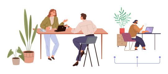 Professionals discussing ideas at a desk with laptops, plants, and books while another works remotely. Ideal for teamwork, office culture, communication, project planning, remote work, work-life