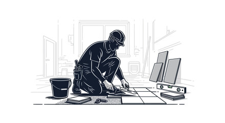Man laying tiles on a floor with tools and materials