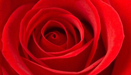Close-up of a vibrant red rose, showcasing the intricate layers and velvety texture of its petals.