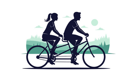Obraz premium Silhouette illustration of a couple riding a tandem bicycle in a green landscape