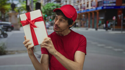 Man holds large white gift box wrapped in red ribbon with both hands on urban street corner; surprise.