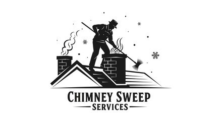 Chimney sweep services logo with a worker on a roof
