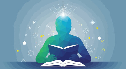Illustration of a person studying with glowing light and symbols