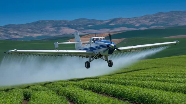 An agricultural plane sprays a green mist over lush farmland under a clear blue sky.