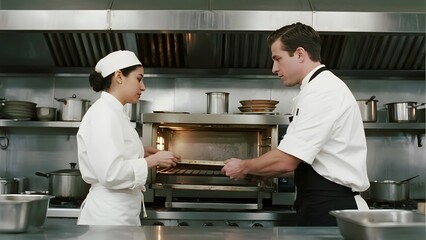 Obraz premium Chefs Collaborating in a Professional Kitchen