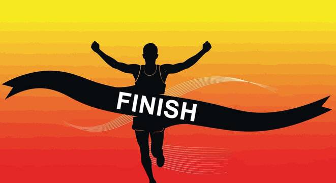 Silhouette of a triumphant athlete crossing the finish line with arms raised in victory against a vibrant sunset background
