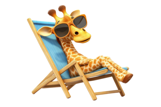 Giraffe relaxing in a deck chair wearing stylish sunglasses during a sunny day at a tropical beach