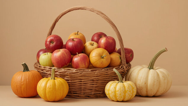 Basket of autumn harvest with apples and pumpkins