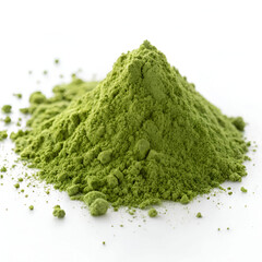 Wheatgrass powder heap isolated on white background, featuring vibrant green color, fine texture,