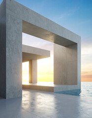 Concrete architectural structure at ocean sunset