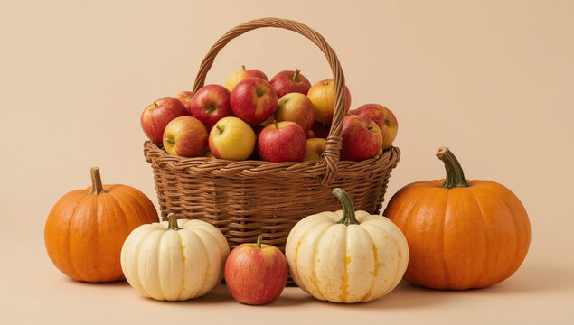 Basket of autumn harvest with apples and pumpkins