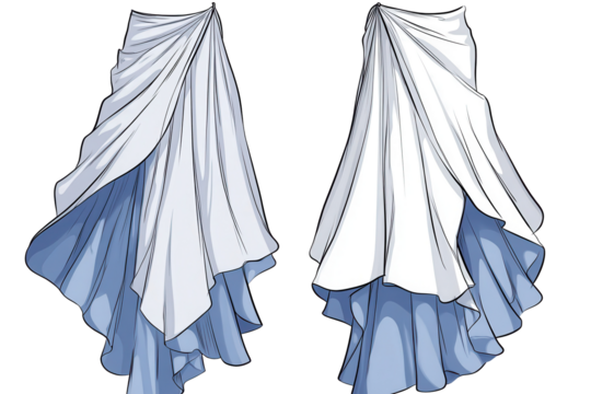 White and blue asymmetric skirt design showcasing a flowing silhouette with elegant draping, perfect for summer occasions or casual outings