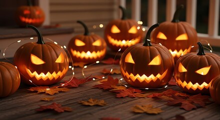 Fototapeta premium Halloween JackOLanterns Spooky Pumpkins with Fairy Lights on Wooden Porch